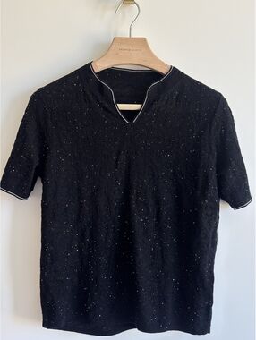 Black Sequin Wool Knit Short Sleeve Sweater Top Size L Sparkle Textured